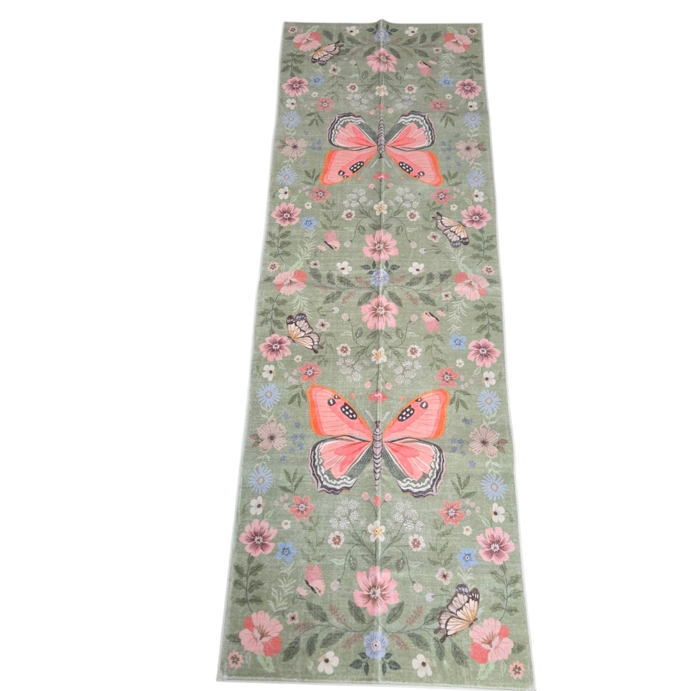 Botanical Rug Pink And Green Butterflies Super Soft Washable 2x6 Runner